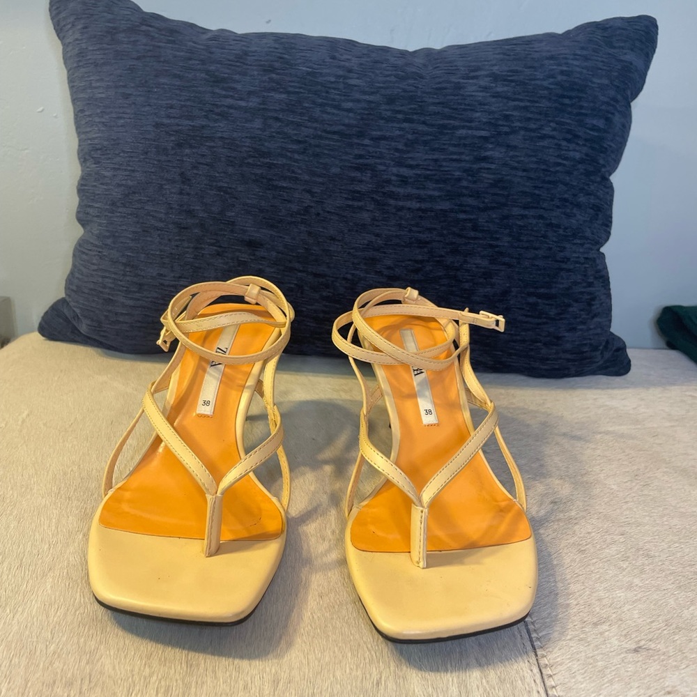 Zara Square-Toe Ankle Wrap Kitten Heel Sandal